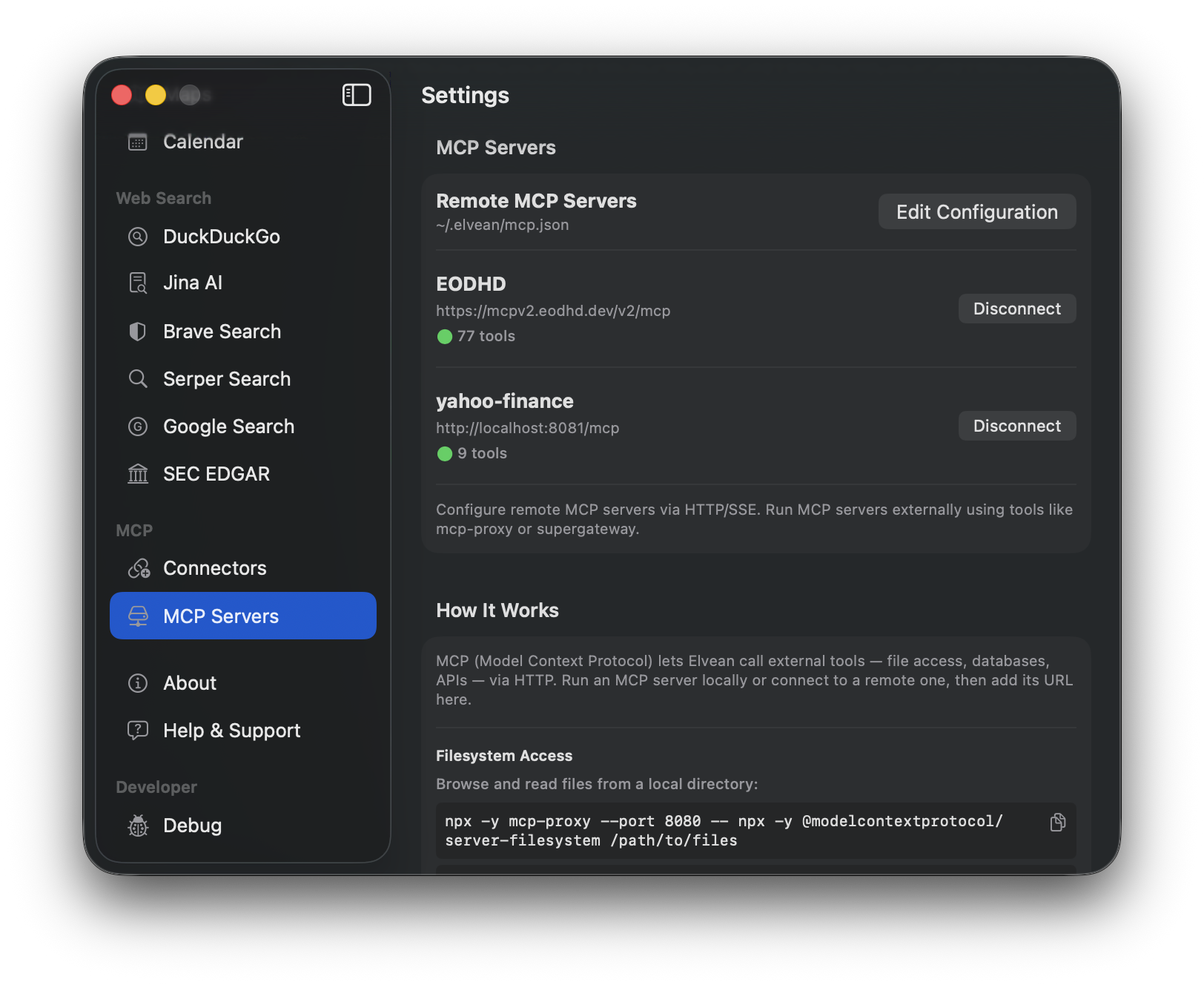 Elvean MCP Servers settings with EODHD and Yahoo Finance connected for stock research on Mac