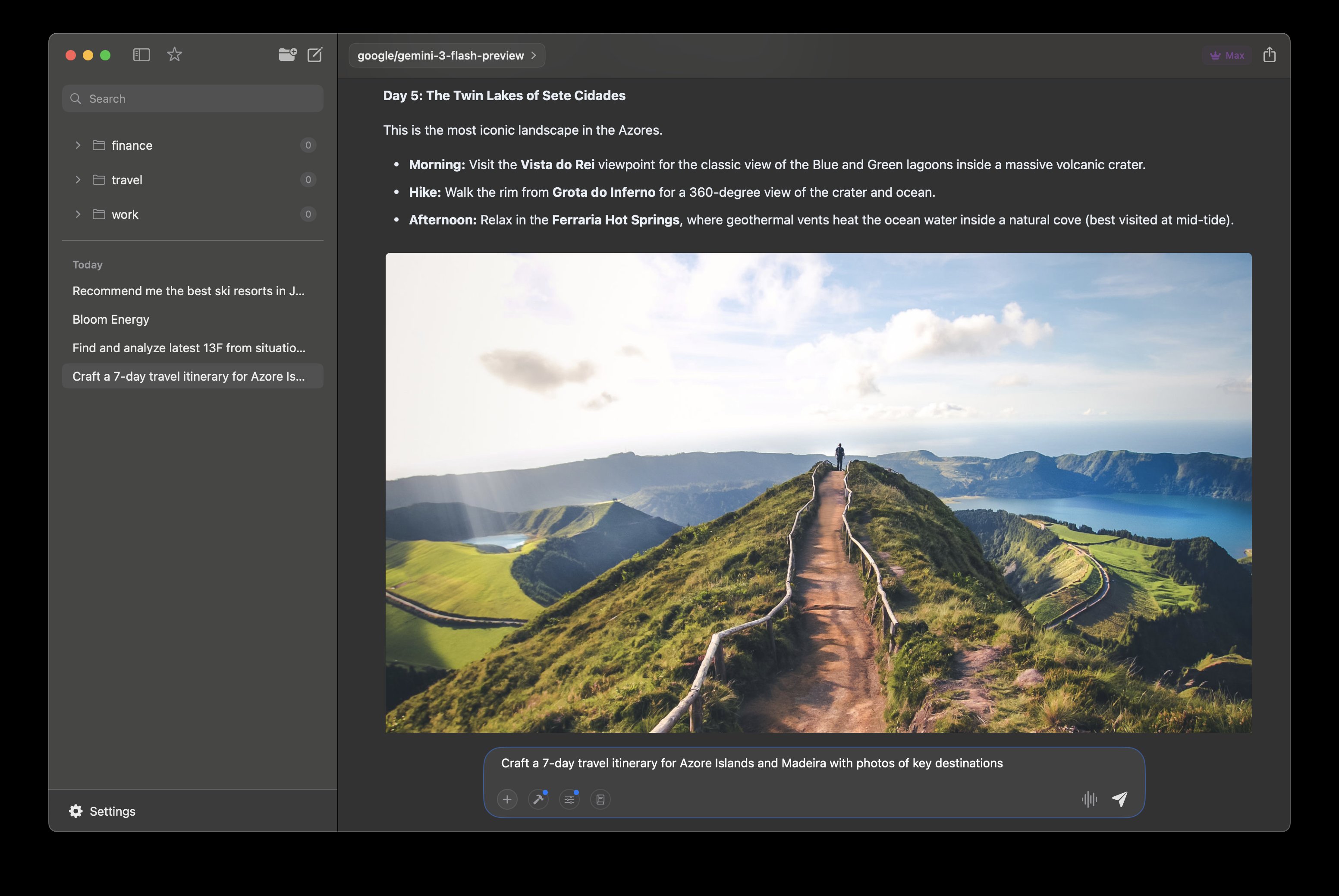 Elvean AI client for Mac showing travel itinerary with rich content and embedded photos