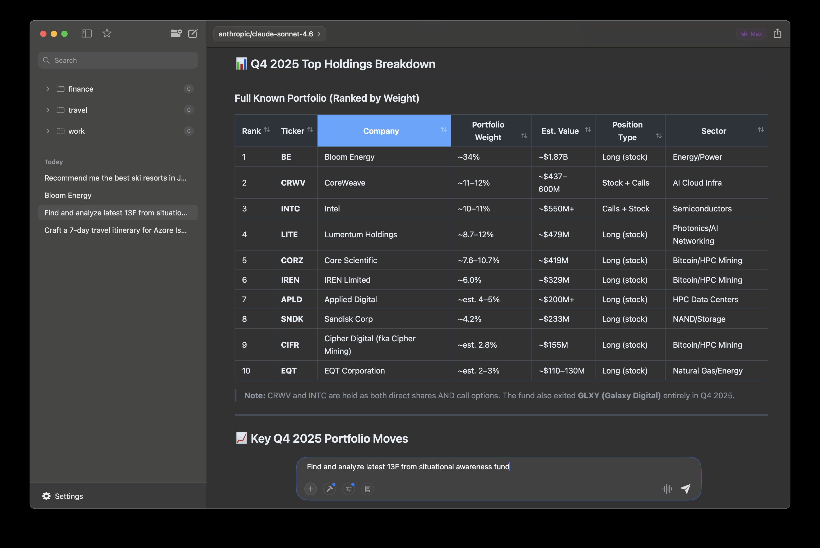 Elvean Mac AI app with dynamic sortable tables for portfolio analysis