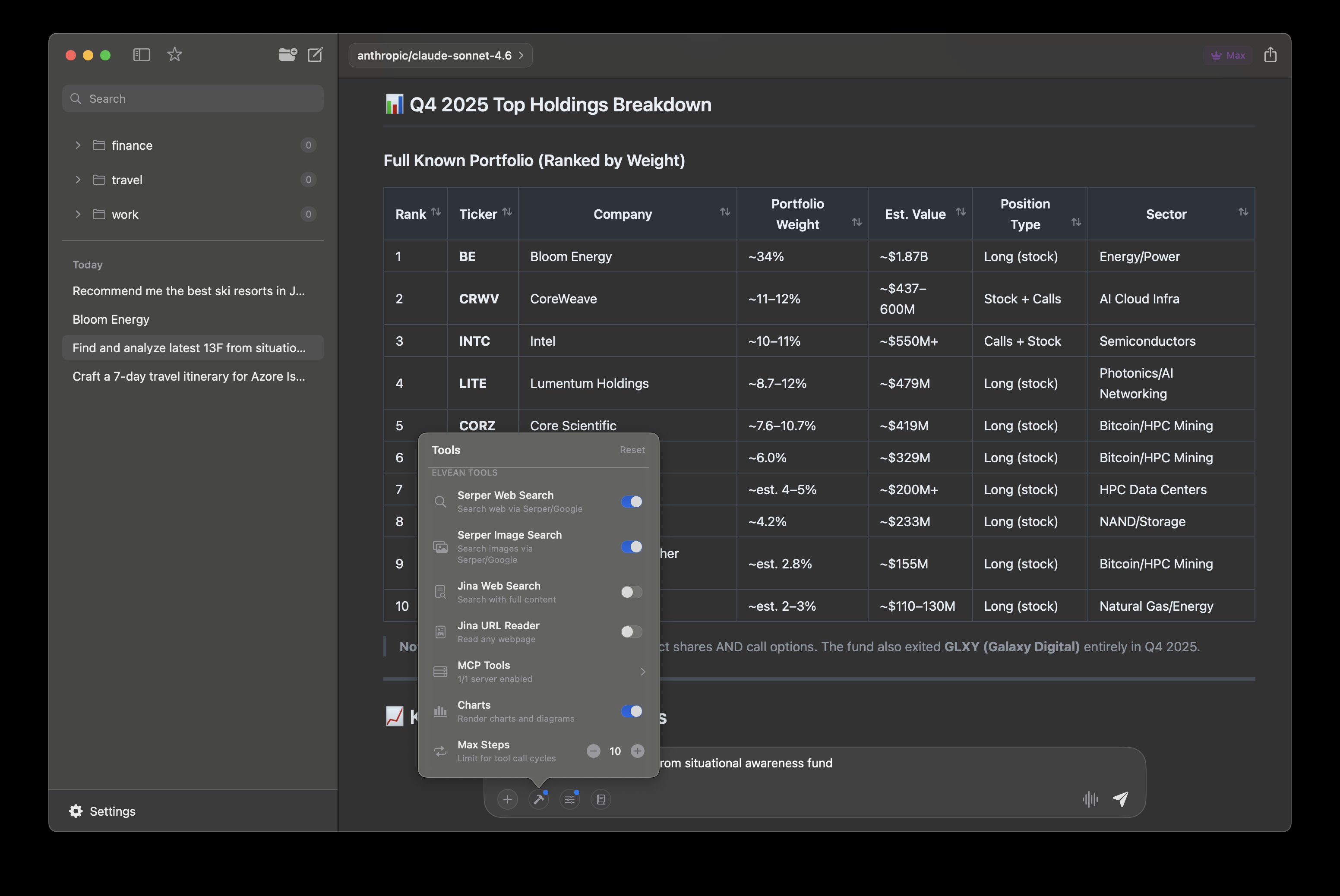 Elvean built-in tools panel with web search, MCP servers, and chart controls
