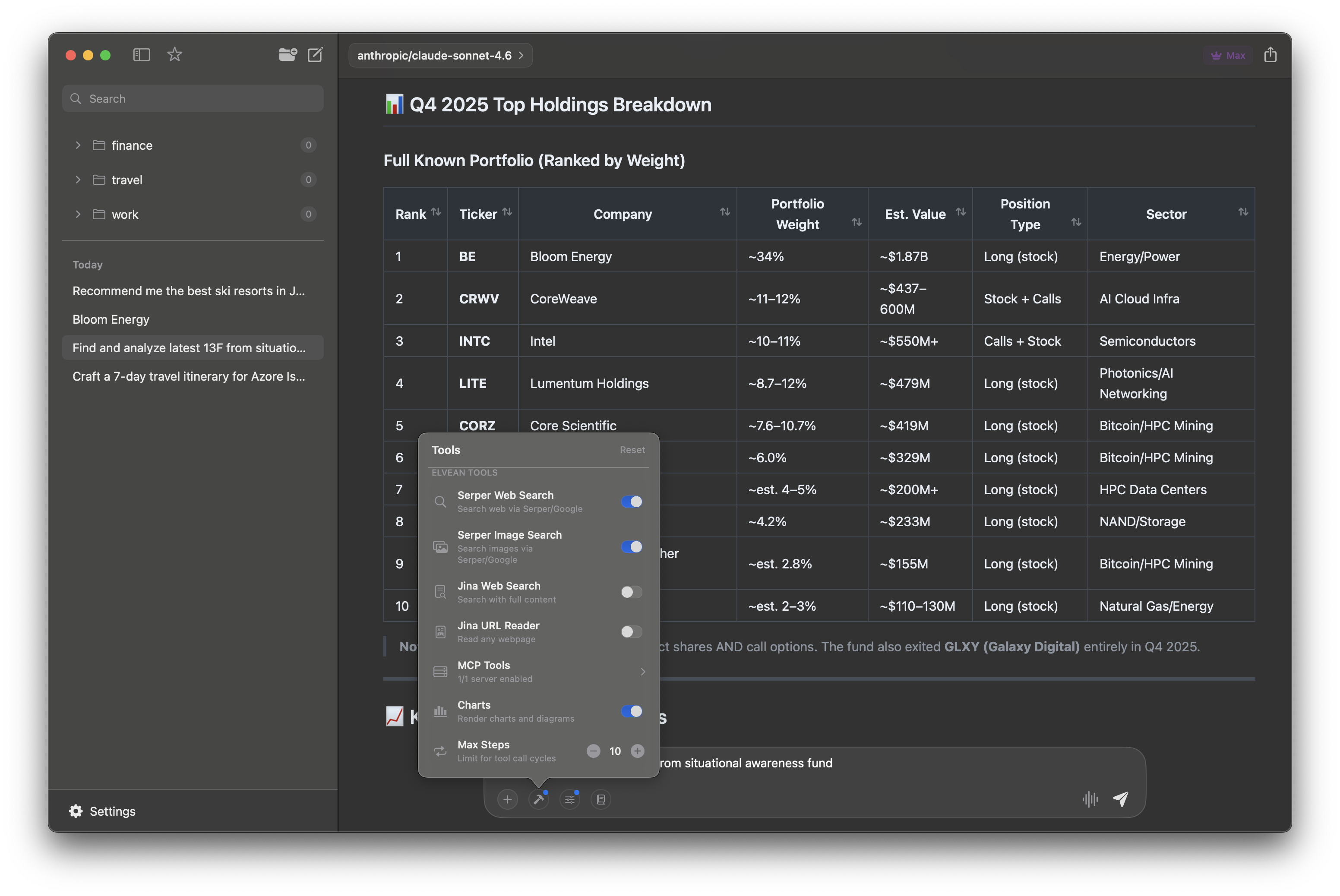 Tools panel with web search, MCP, and chart controls