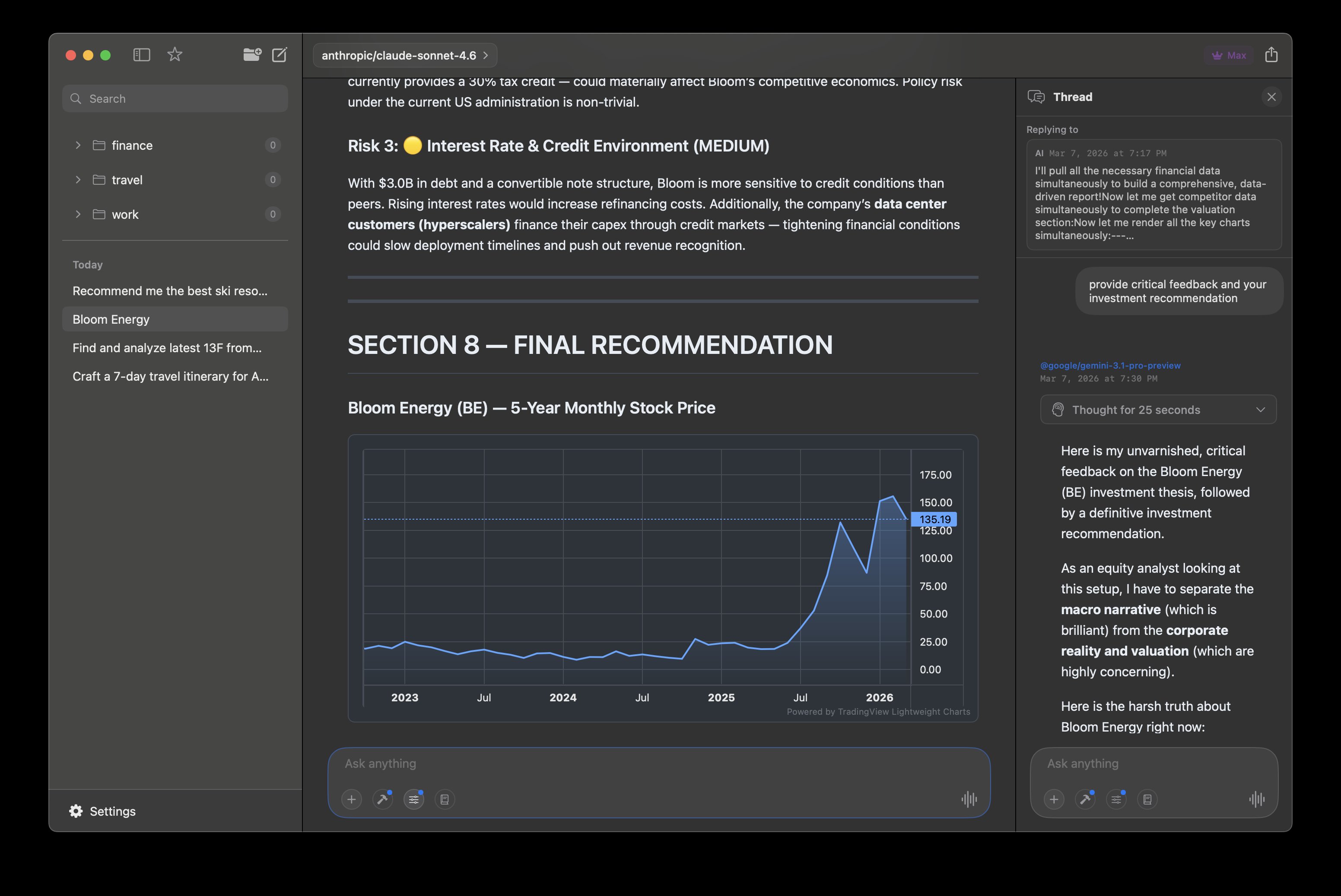 Elvean threaded AI conversations with stock analysis and model switching