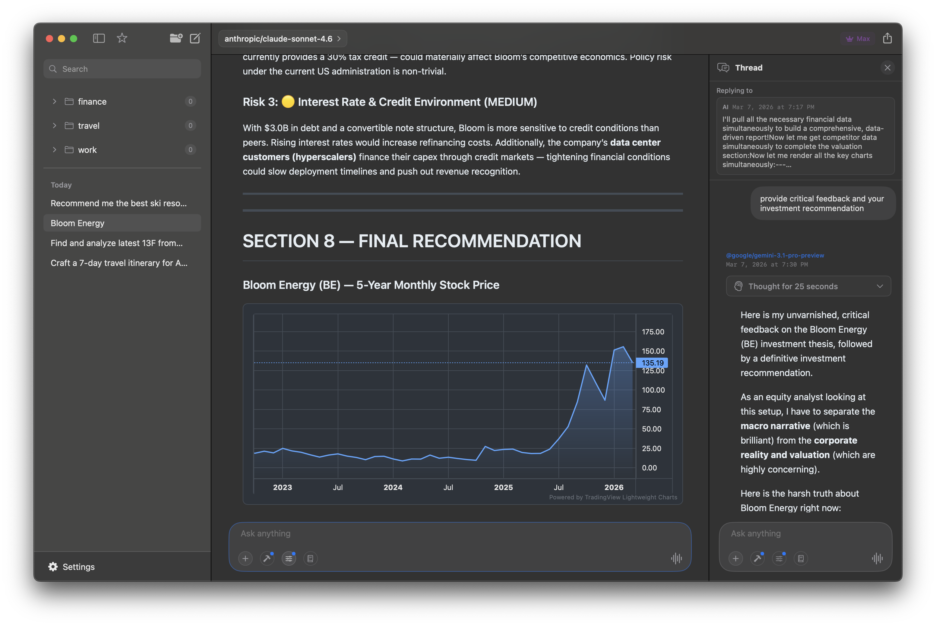 Threaded conversations with stock analysis and recommendations