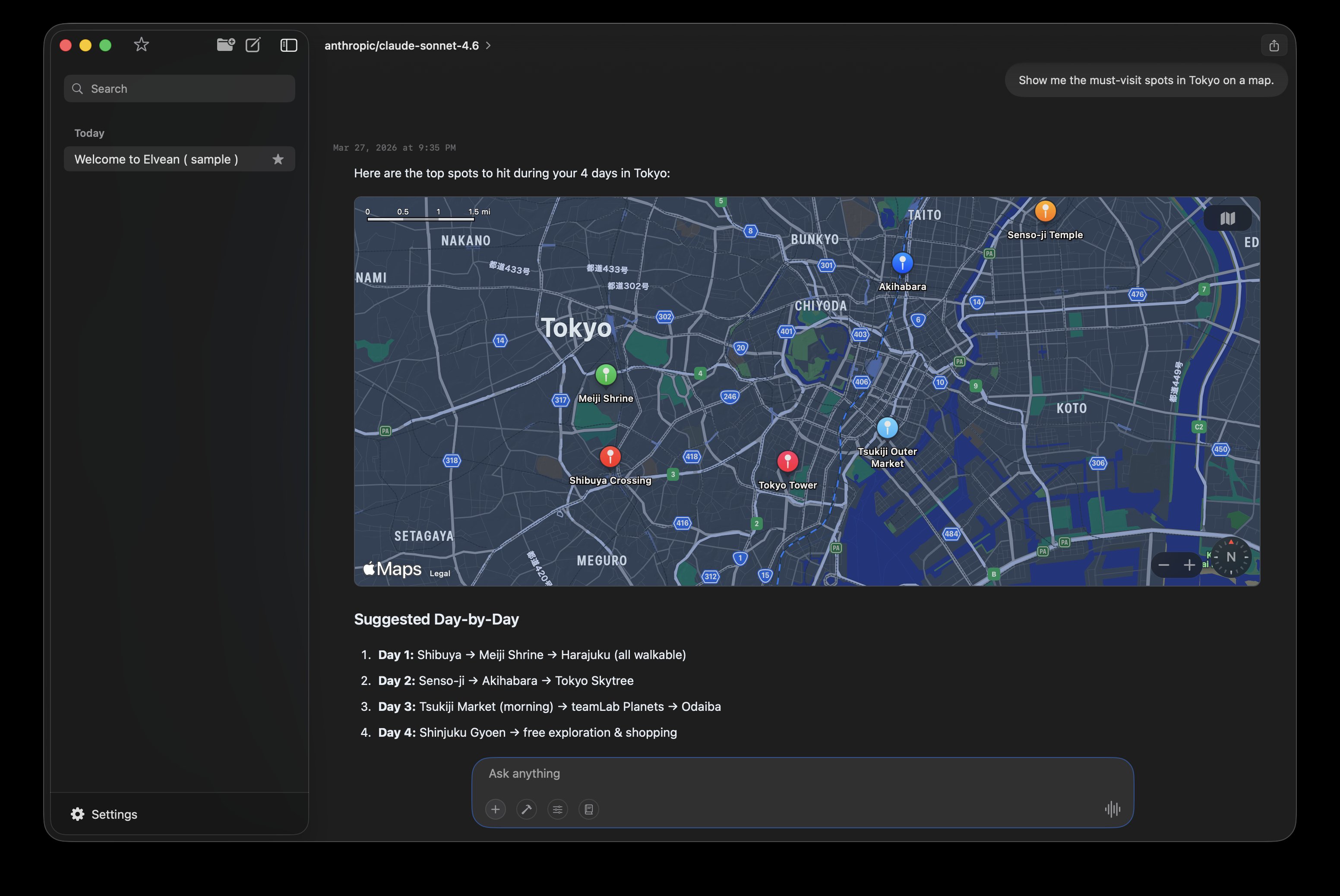Elvean native Apple Maps integration showing pinned locations in AI conversation